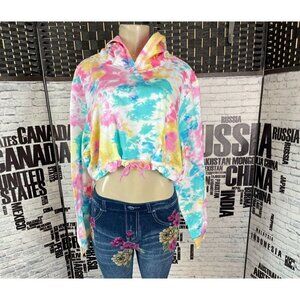 Camille Kostek XXL Sherbert Tie-Dye Drawstring Cotton Long Sleeve Crop Hoodie